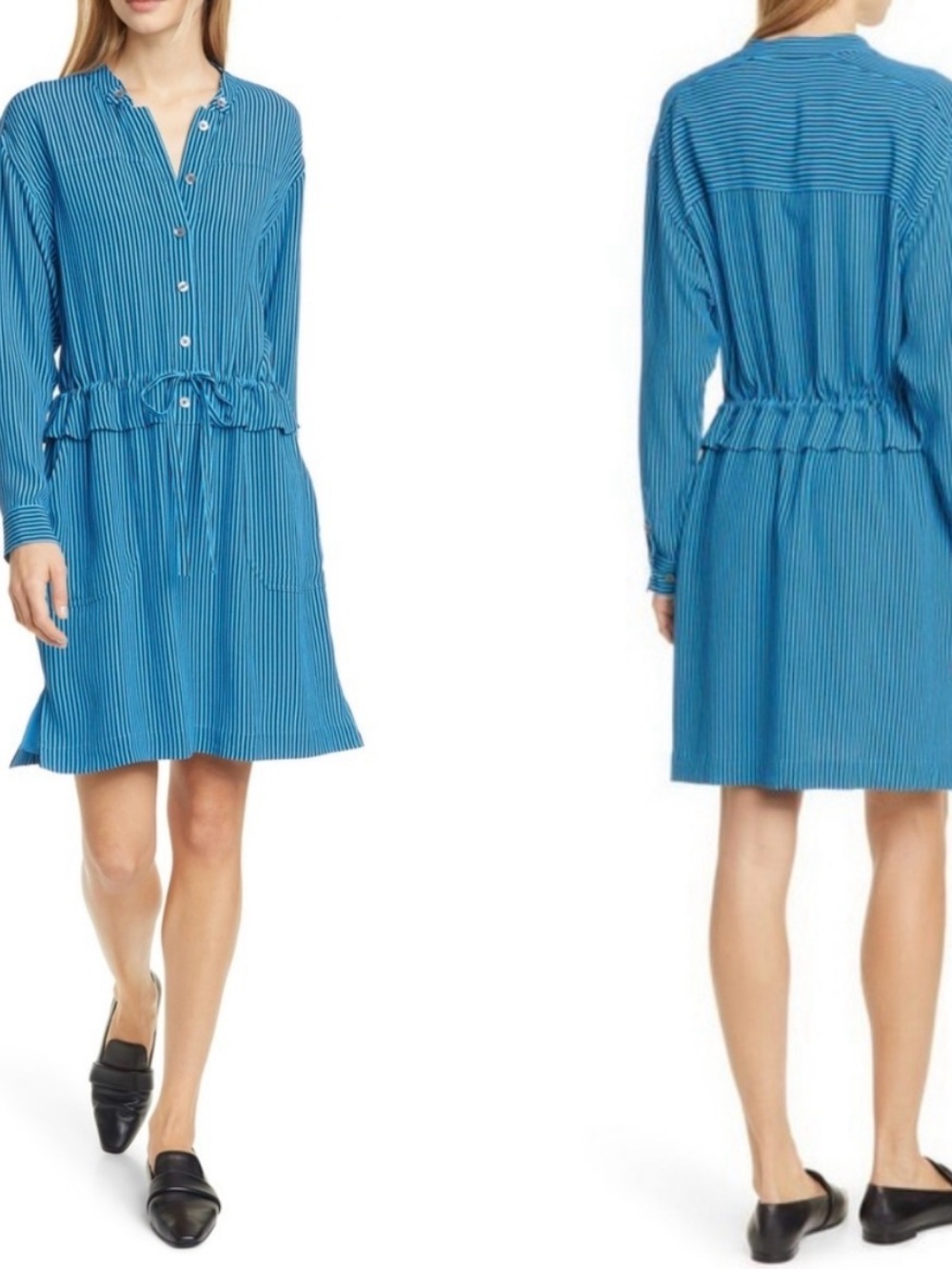 EQUIPMENT Femme Lizza Striped Drawstring Sz 8 Long Sleeve Shirt Dress Classic